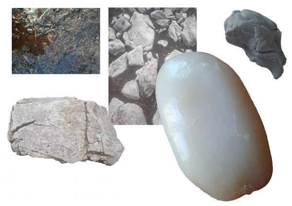 A digital image of work in progress by Ellie Barrett. Cut out images of rocks, mud and soap and overlaid with each other.
