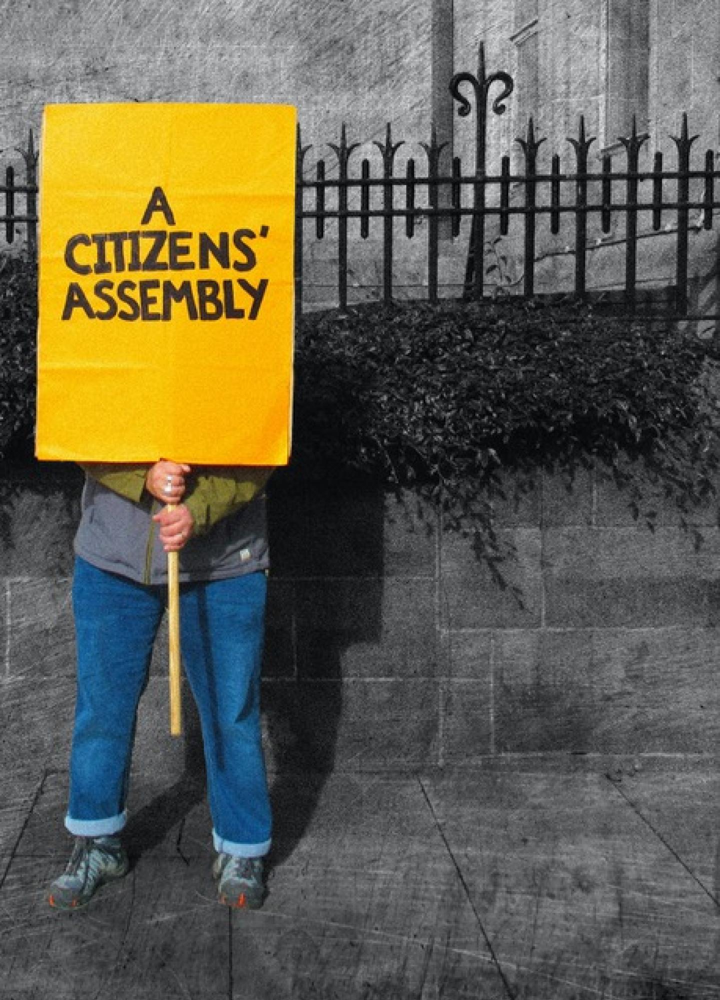 A person holding a placard that says ' A Citizens' Assembly'