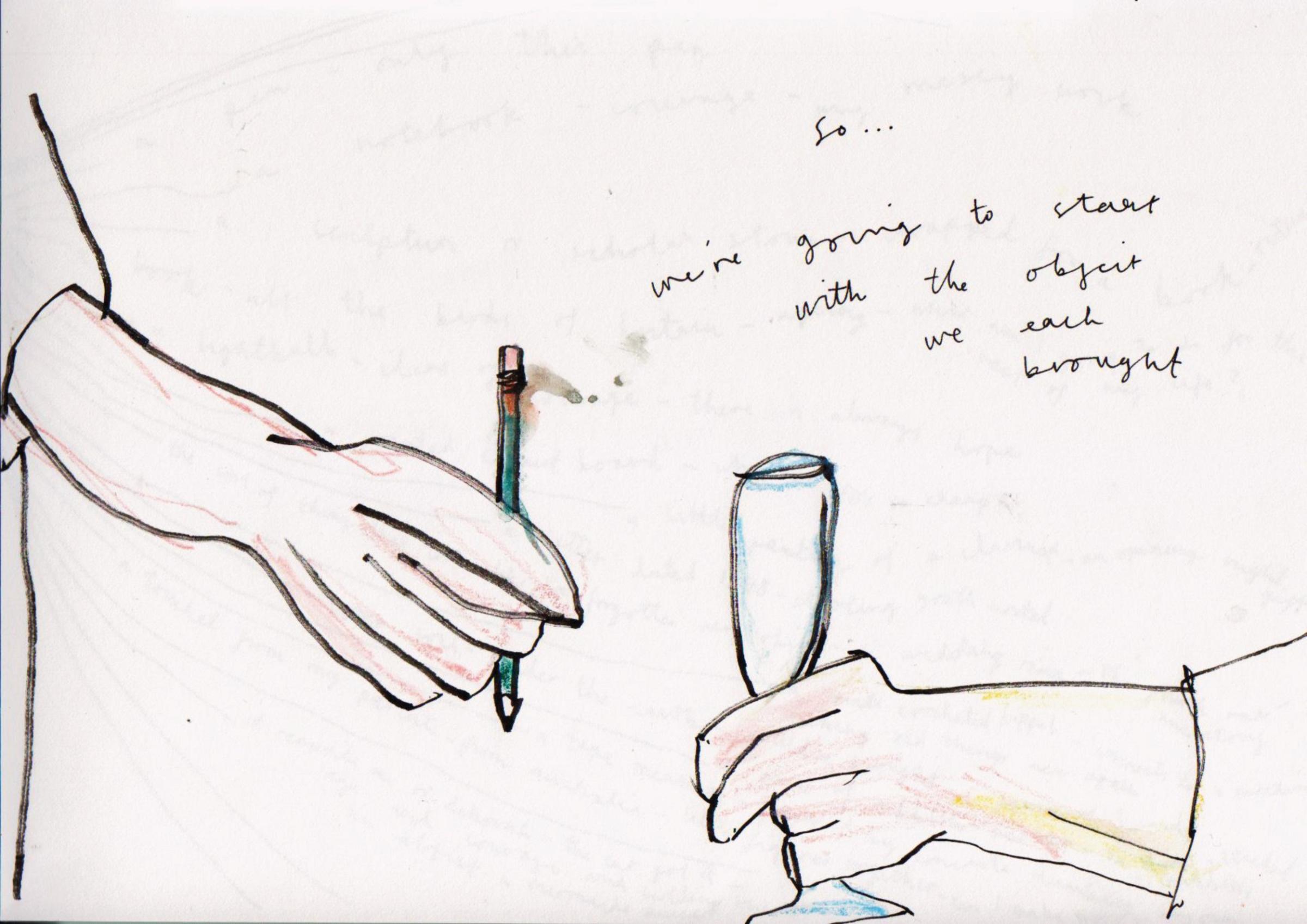 Sketch of two hands, one holding a champagne flute and another holding a pencil. Text reads 'So we're going to start with the object we each brought'