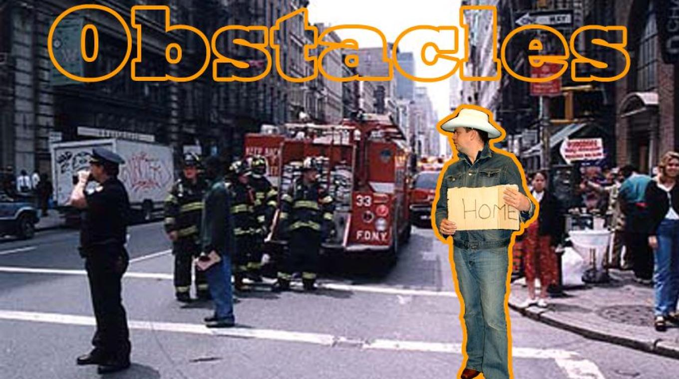 Street Scene in NYC with photoshopped man holding a home sign