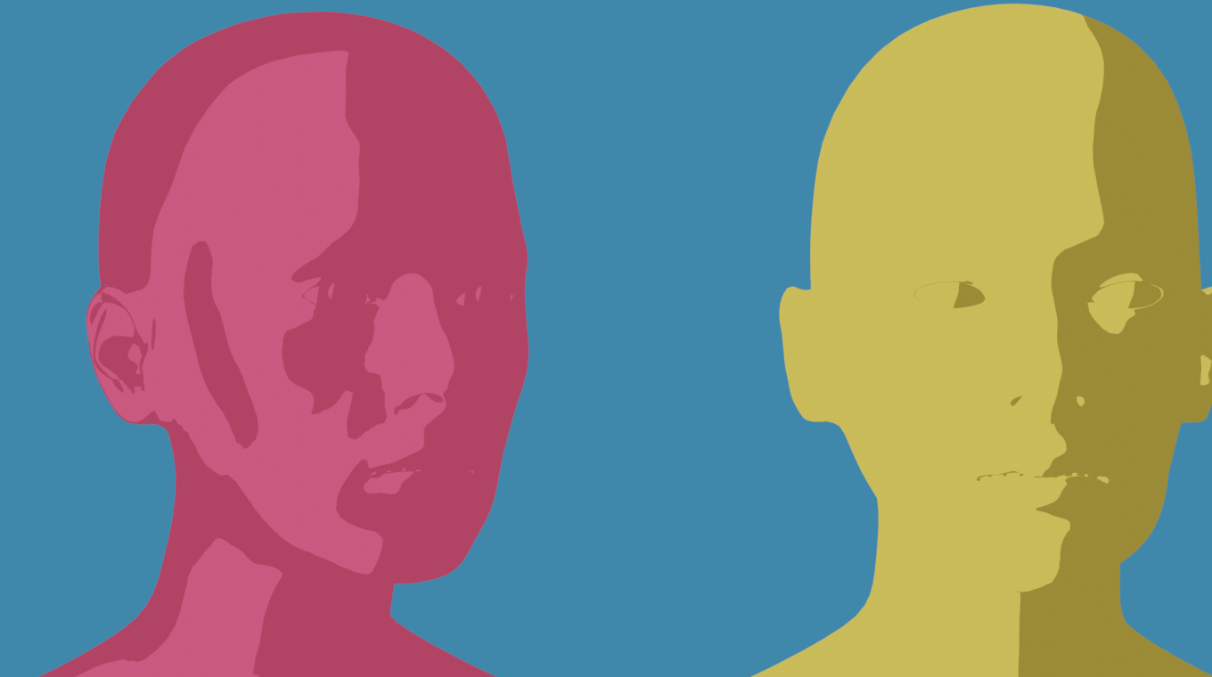 a blue background with the outlines of two faces. The face on the left is in a pink/purple hue whilst the face on the right is a yellow mustard