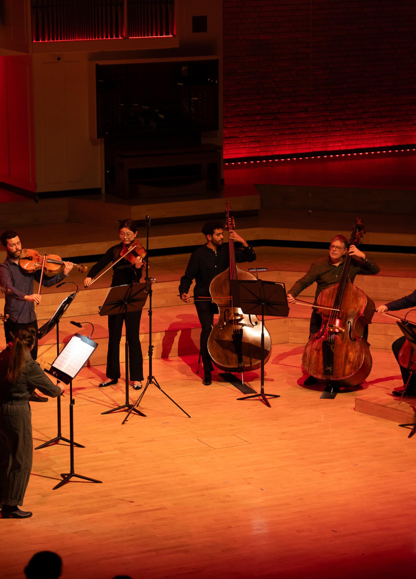 A string orchestra of 10 players performing on stage