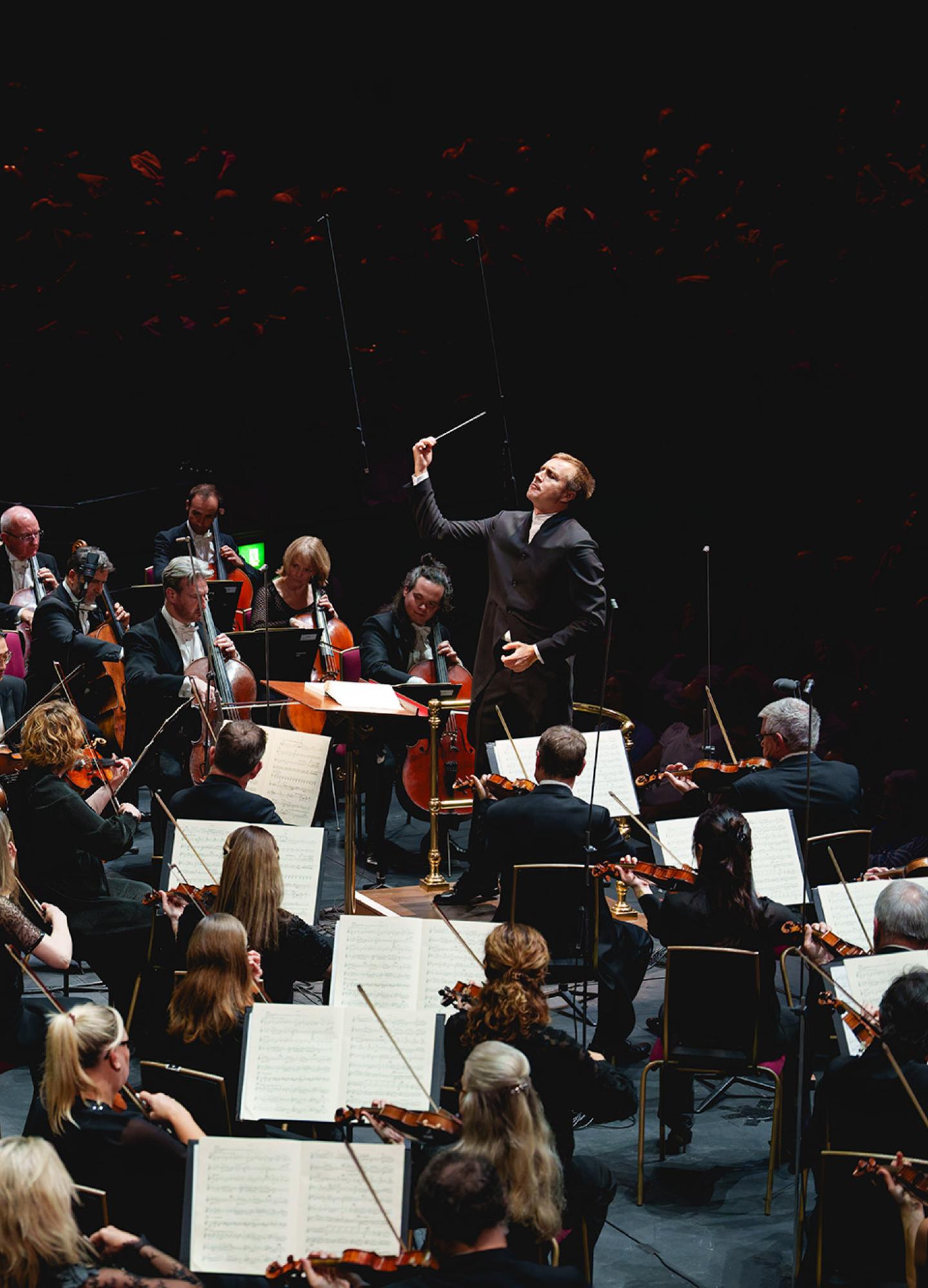 A conductor standing in front of an orchestra performing