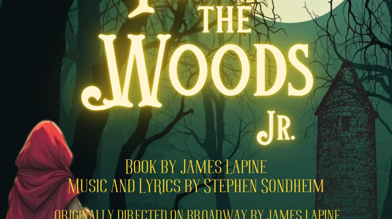 A Poster showing red riding hood in the woods with a tower in the distance and text that says "Red Rose Rising Youth Musical Theatre. Into the Wood Jr. Book by James Lapine Music and Lyrics by Stephen Sondheim Originally directed on broadway by James Lapine. 15th-18th April 7.30pm Nuffield Theatre, Lancaster Uni