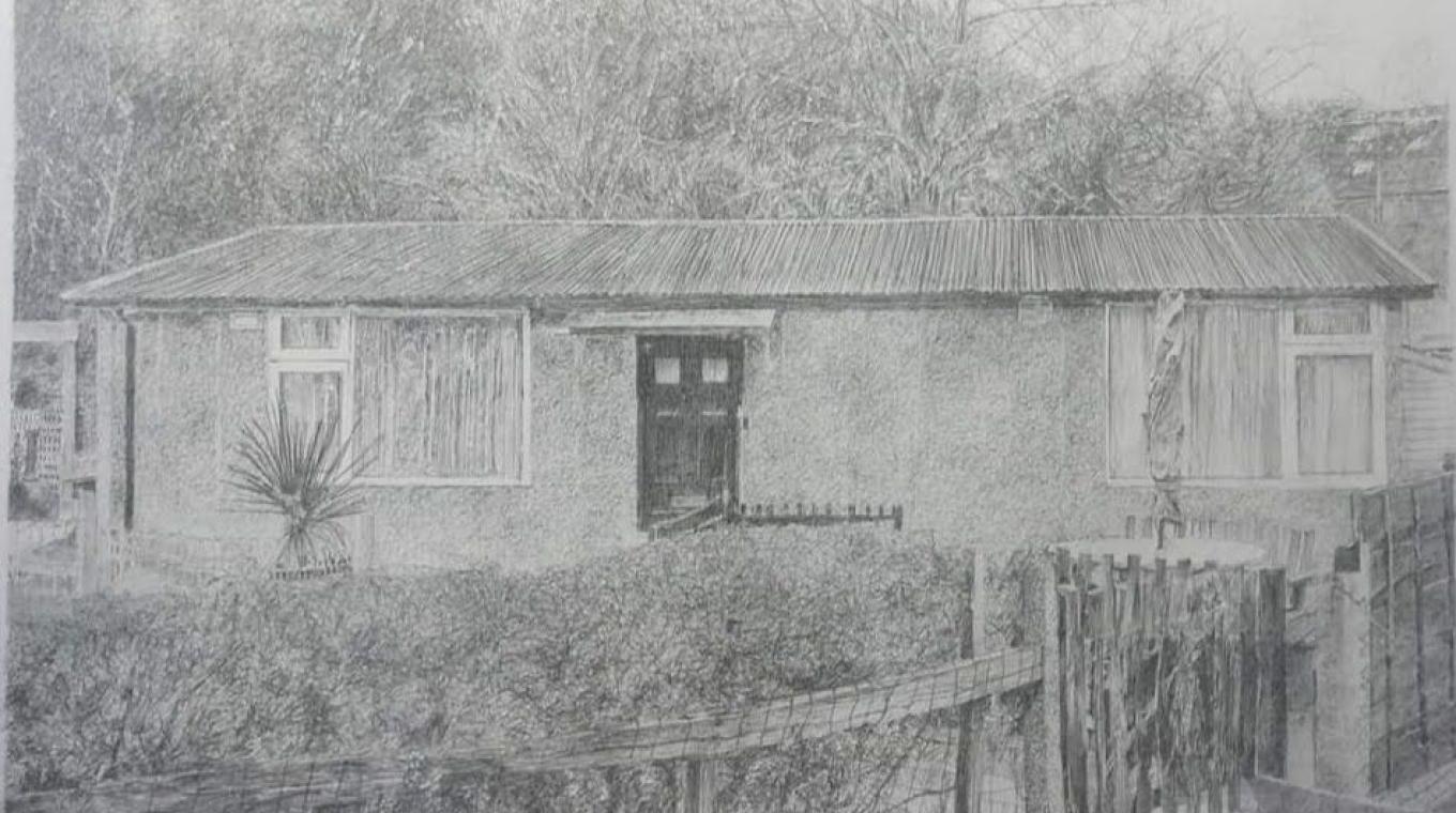 B&W Pencil Drawing of a single storey house with hedge and gate