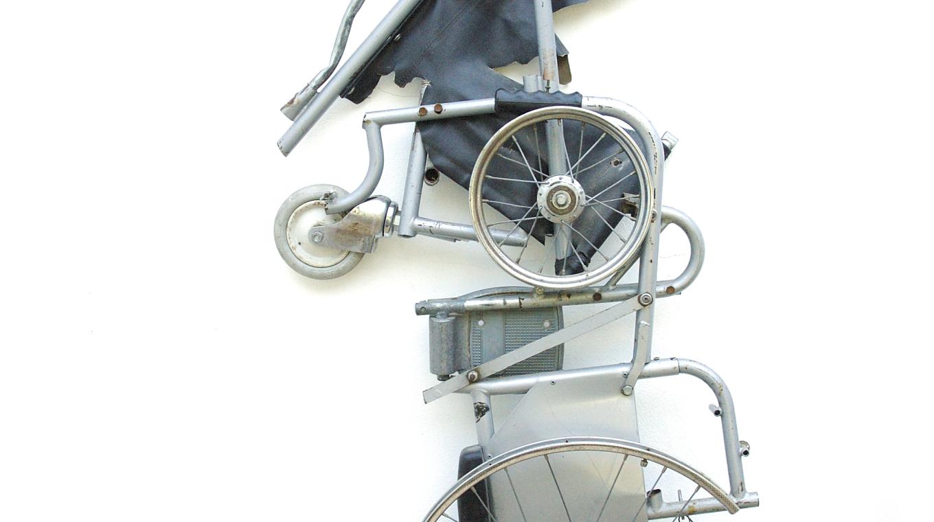 A large sculpture made from wheelchair parts in the shape of the Great Britain